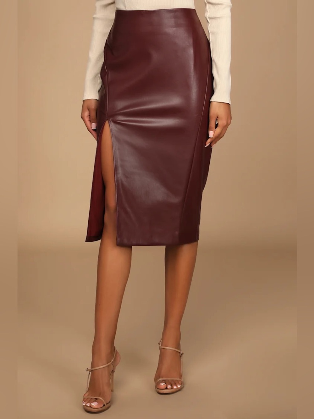 Lulu's Burgundy Faux Leather Pencil Skirt with Side Slit